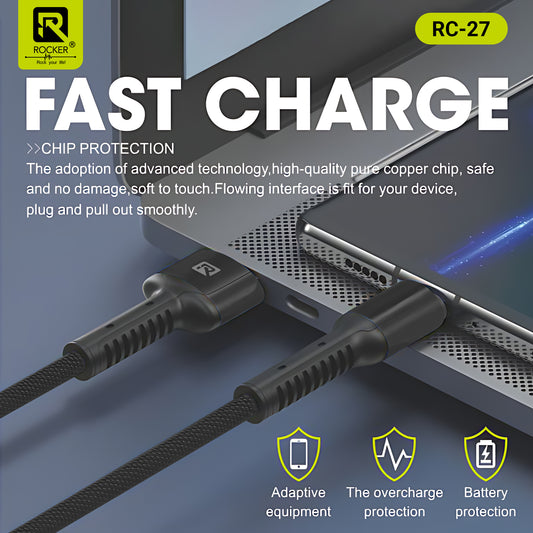 Rocker RC-27 Fast Charging Data Cable – 67W Type-C | 3.4A Micro USB | 27W Lightning – 1m Durable Cable for Smartphones, Tablets & More