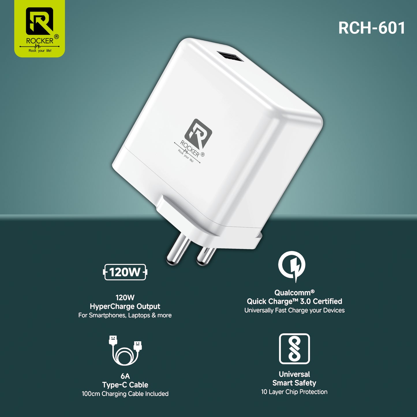 Buy Rocker RCH-601 120W Ultra-Fast Charging Wall Adapter with Free USB-A to Type-C Cable | Compact, Travel-Friendly, USB Output