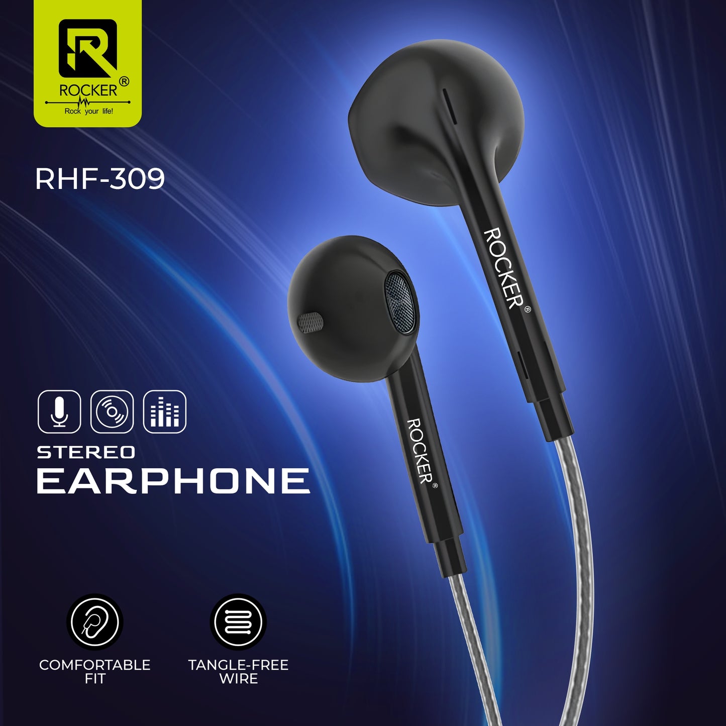 Rocker RHF-309 Wired Earphones with Mic – Deep Bass, Clear Sound, Comfortable Fit, 3.5mm Jack
