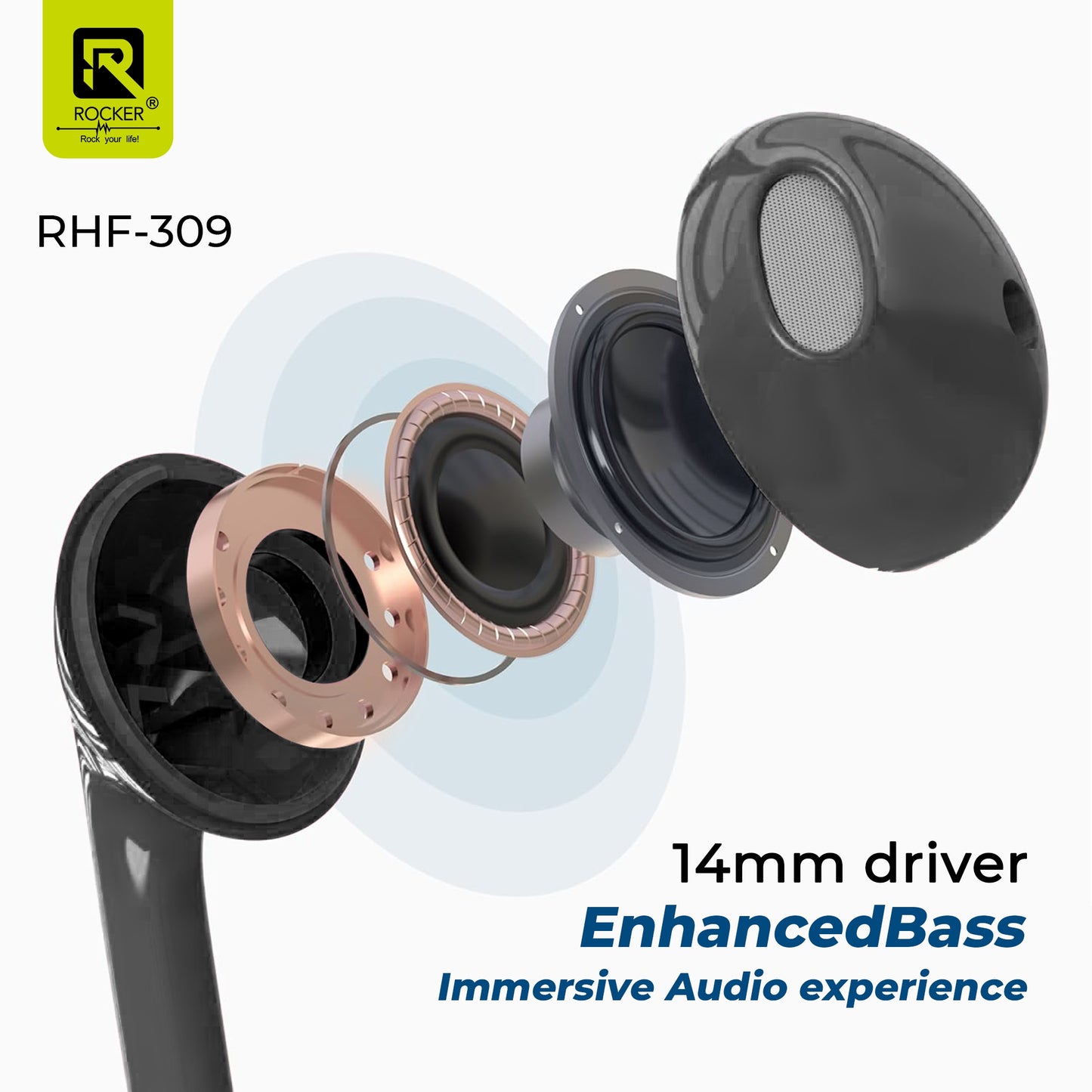 Rocker RHF-309 Wired Earphones with Mic – Deep Bass, Clear Sound, Comfortable Fit, 3.5mm Jack