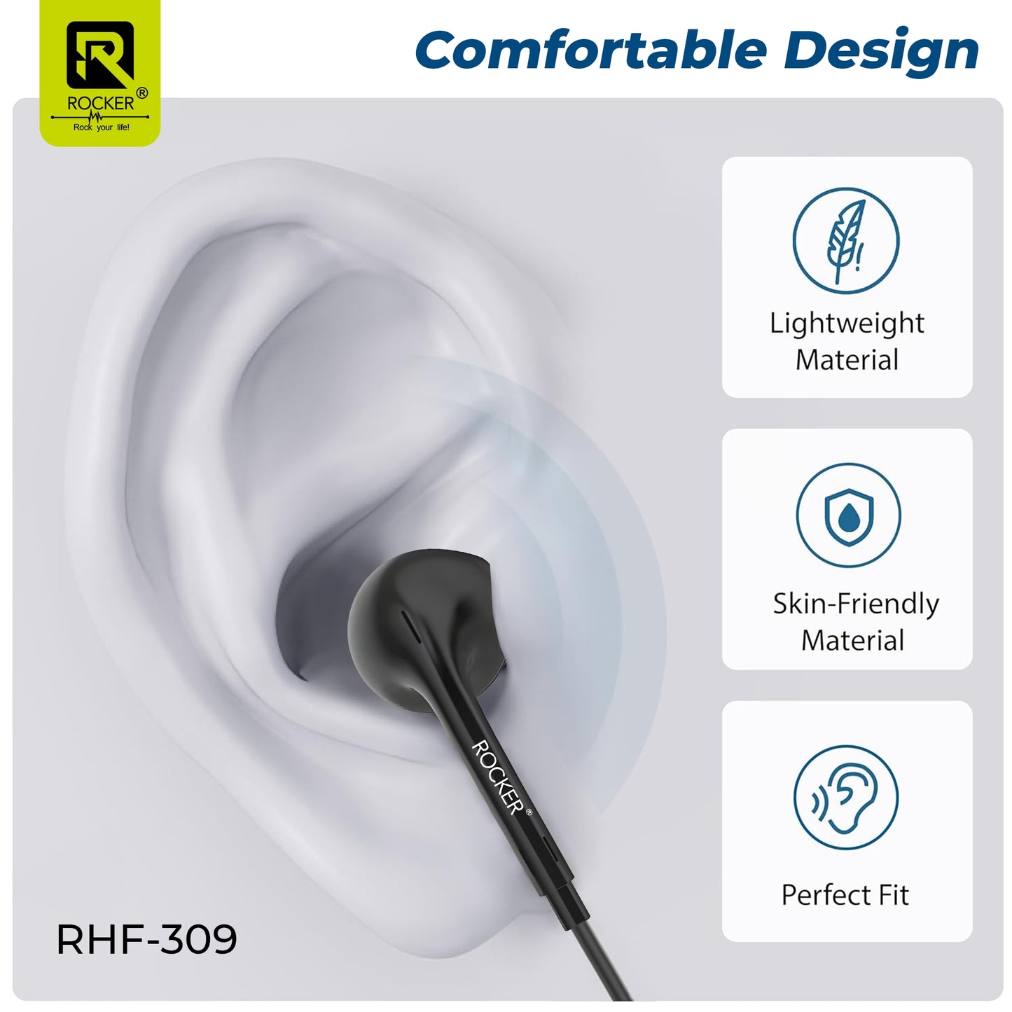 Rocker RHF-309 Wired Earphones with Mic – Deep Bass, Clear Sound, Comfortable Fit, 3.5mm Jack