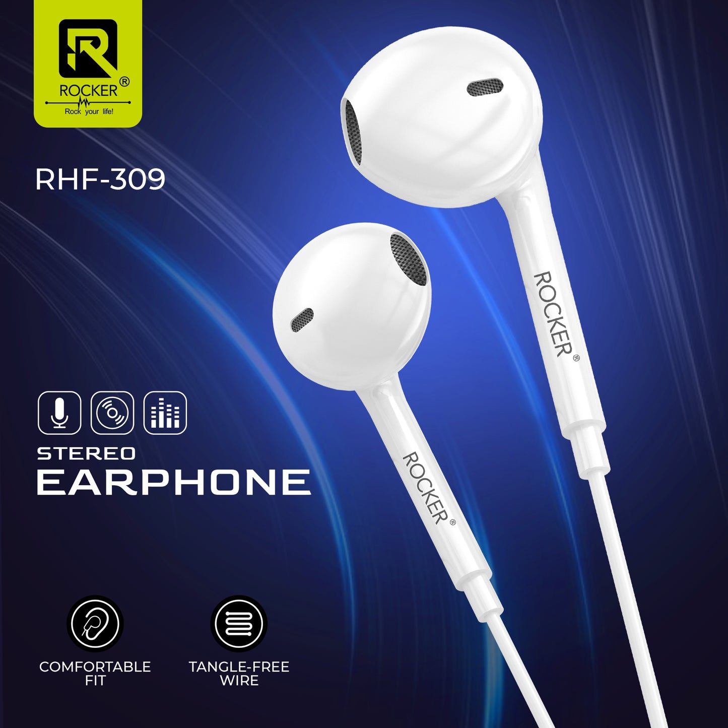 Rocker RHF-309 Wired Earphones with Mic – Deep Bass, Clear Sound, Comfortable Fit, 3.5mm Jack