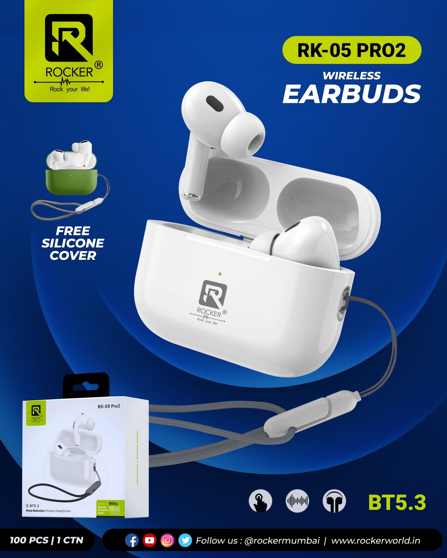 Rocker RK-05 PRO2 True Wireless Earbuds | Bluetooth 5.3 | 40-Hr Battery Life | Heavy Bass & HD Calls