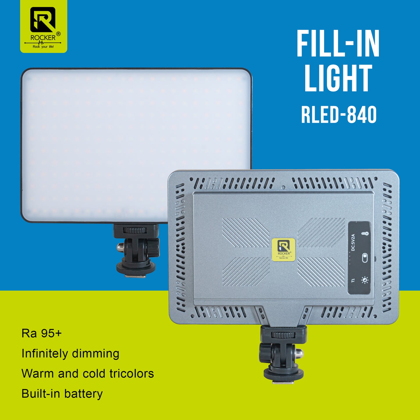 ROCKER RLED-840 Professional LED Video Light for YouTube, Photography, Makeup, and Product Shoots – Adjustable Warm & Cold Light, 95+ CRI, 4000mAh Battery