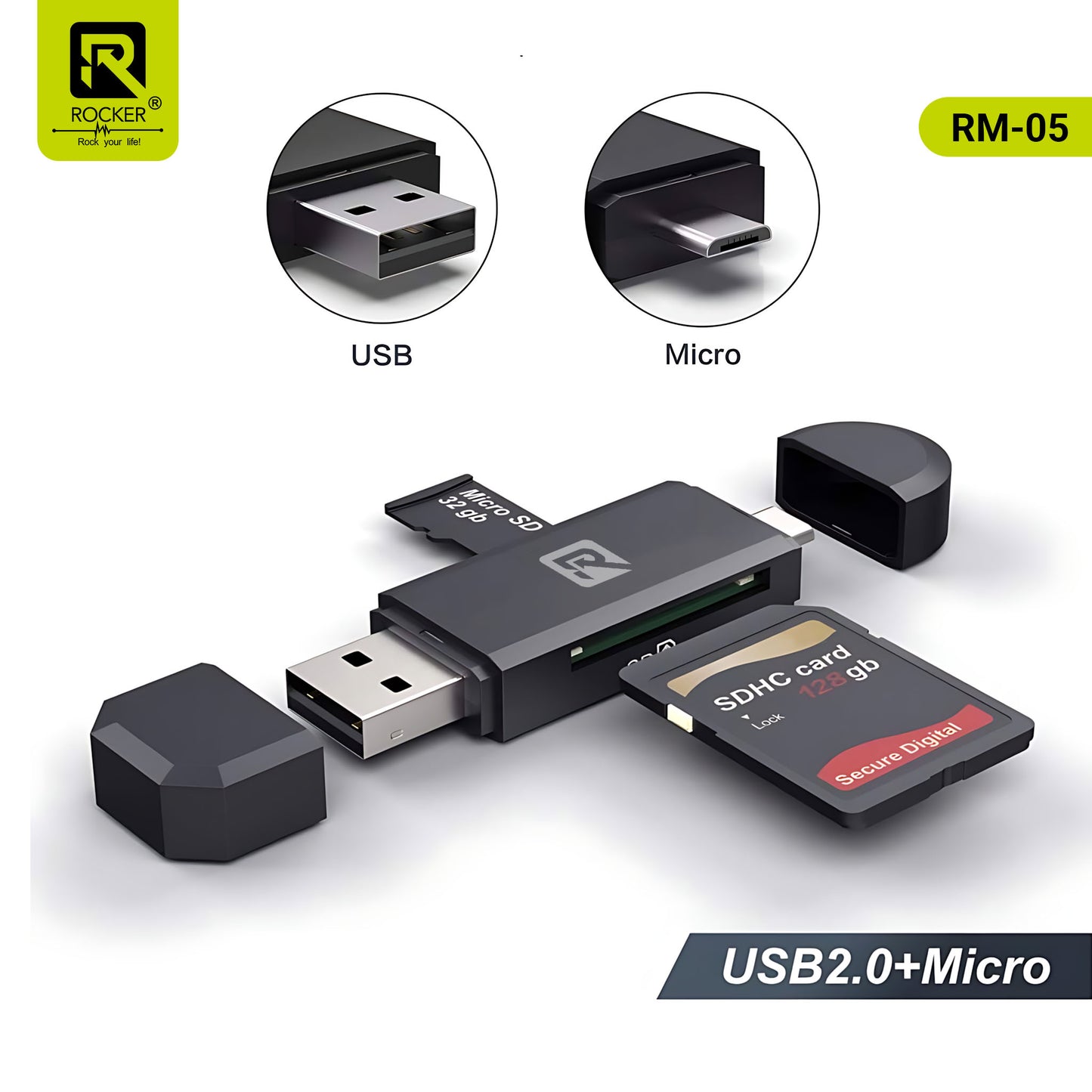 ROCKER RM-05 USB 3.0 & Type-C/Micro-USB Multi-Card Reader | High-Speed OTG Memory Card Adapter for SD & Micro SD | Plug & Play | Compatible with Laptops, Smartphones & Tablets