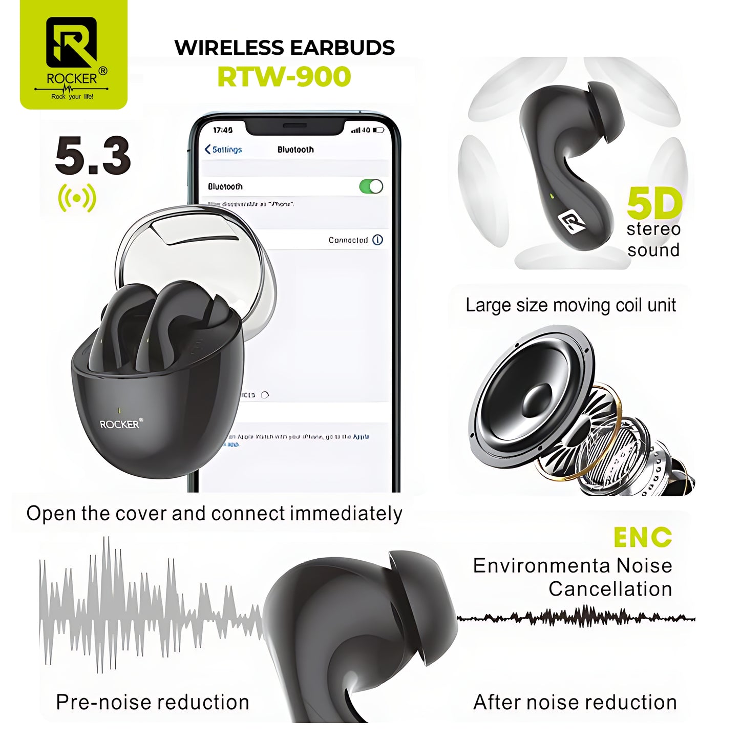 Rocker RTW-900 ENC Noise Cancelling Wireless Earbuds with Mic, HiFi Stereo Sound, Bluetooth 5.3, Long Battery Life