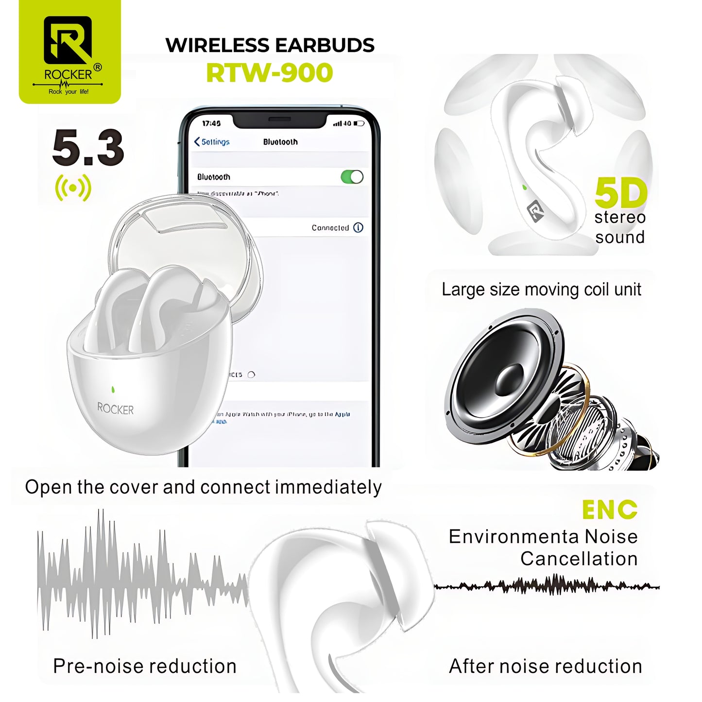 Rocker RTW-900 ENC Noise Cancelling Wireless Earbuds with Mic, HiFi Stereo Sound, Bluetooth 5.3, Long Battery Life