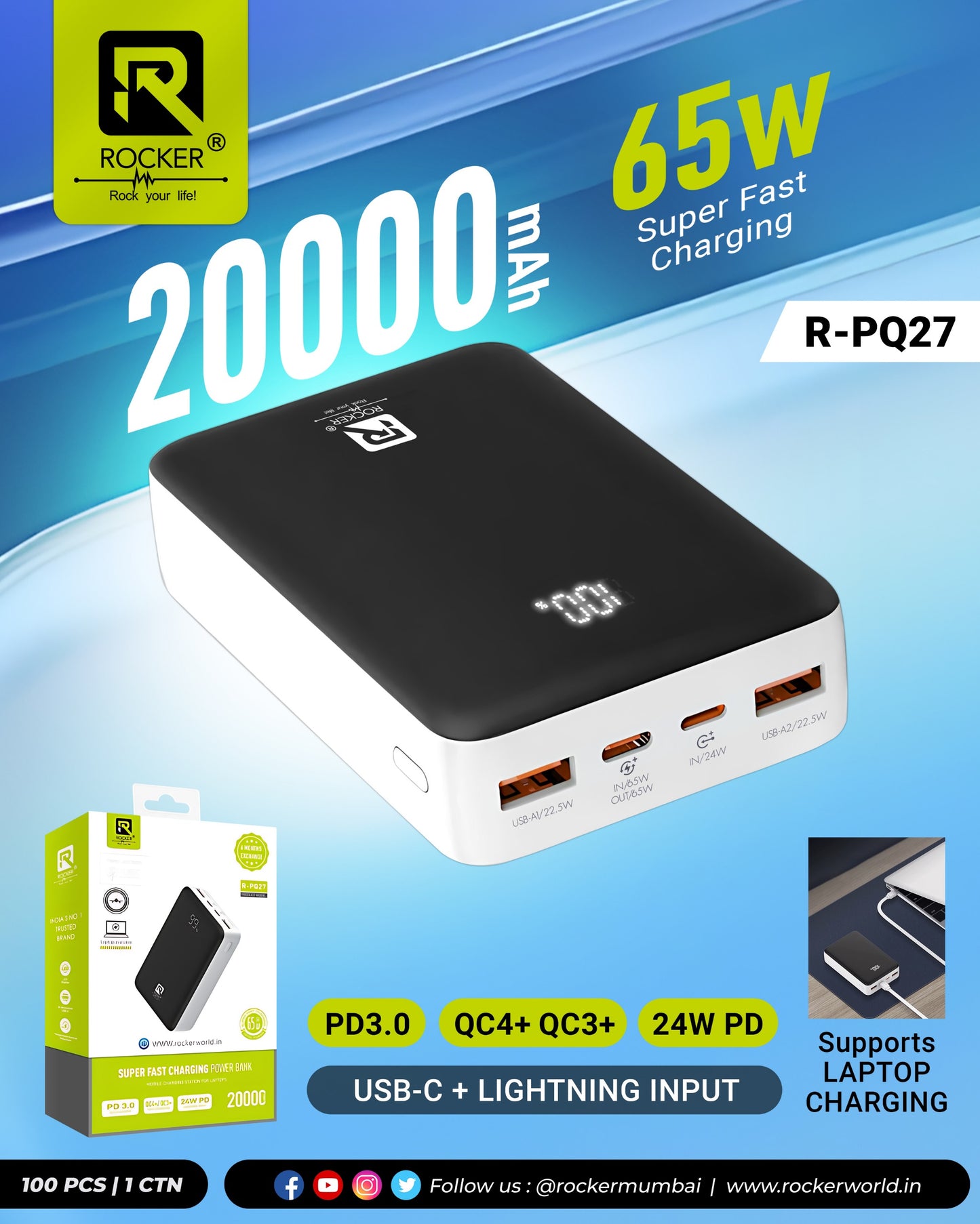 Rocker RPQ27 20,000mAh 65W PD Super Fast Charging Power Bank, Charges macbooks, laptops, DSLRs and Gaming Console