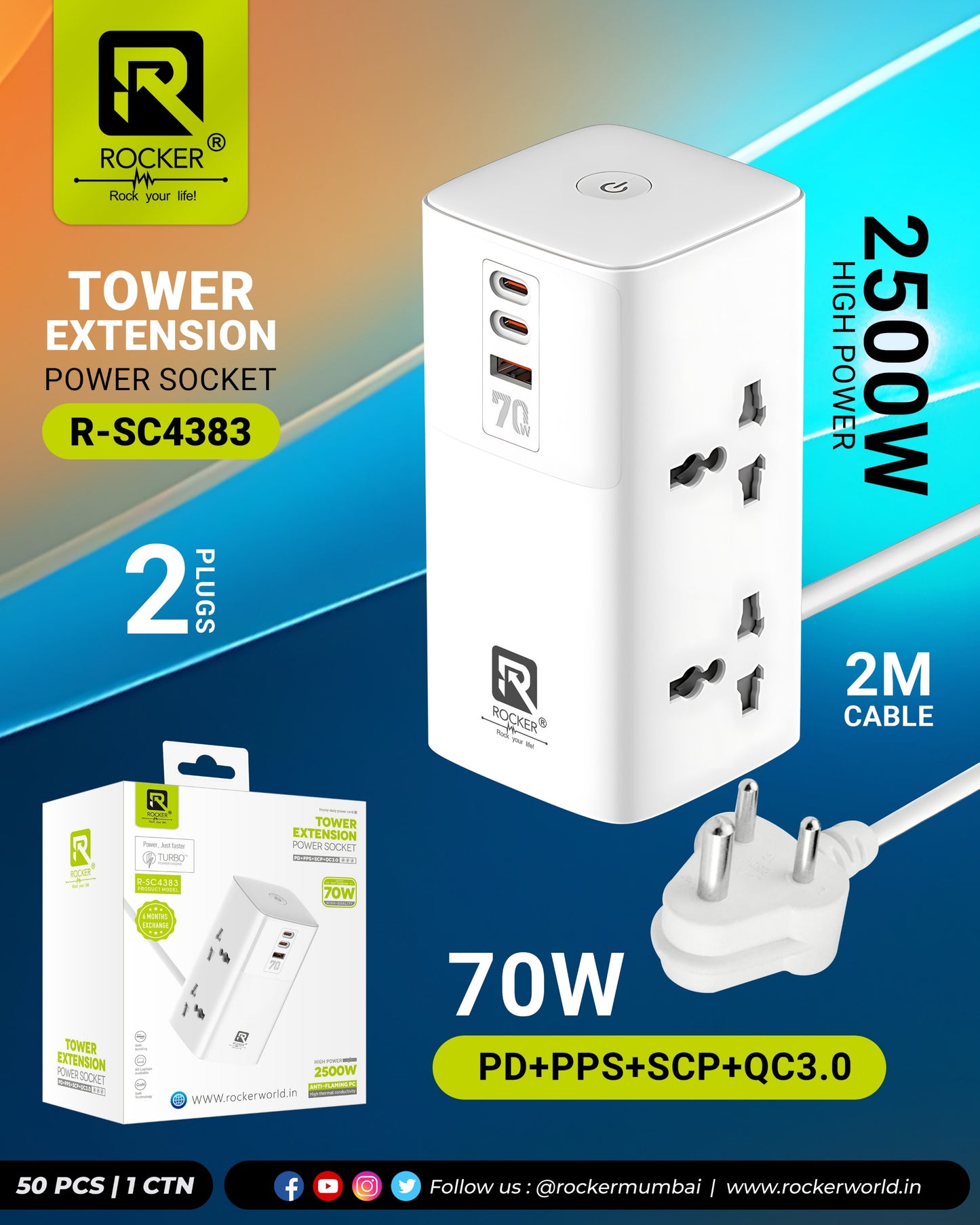 Rocker R-SC4383 Tower Power Plate 7 – 70W Super Fast Charging Extension Board with GaN Technology, 4 Universal Sockets, 2 Type-C Ports, USB Port, and Heavy-Duty 200CM Cord for Home & Office