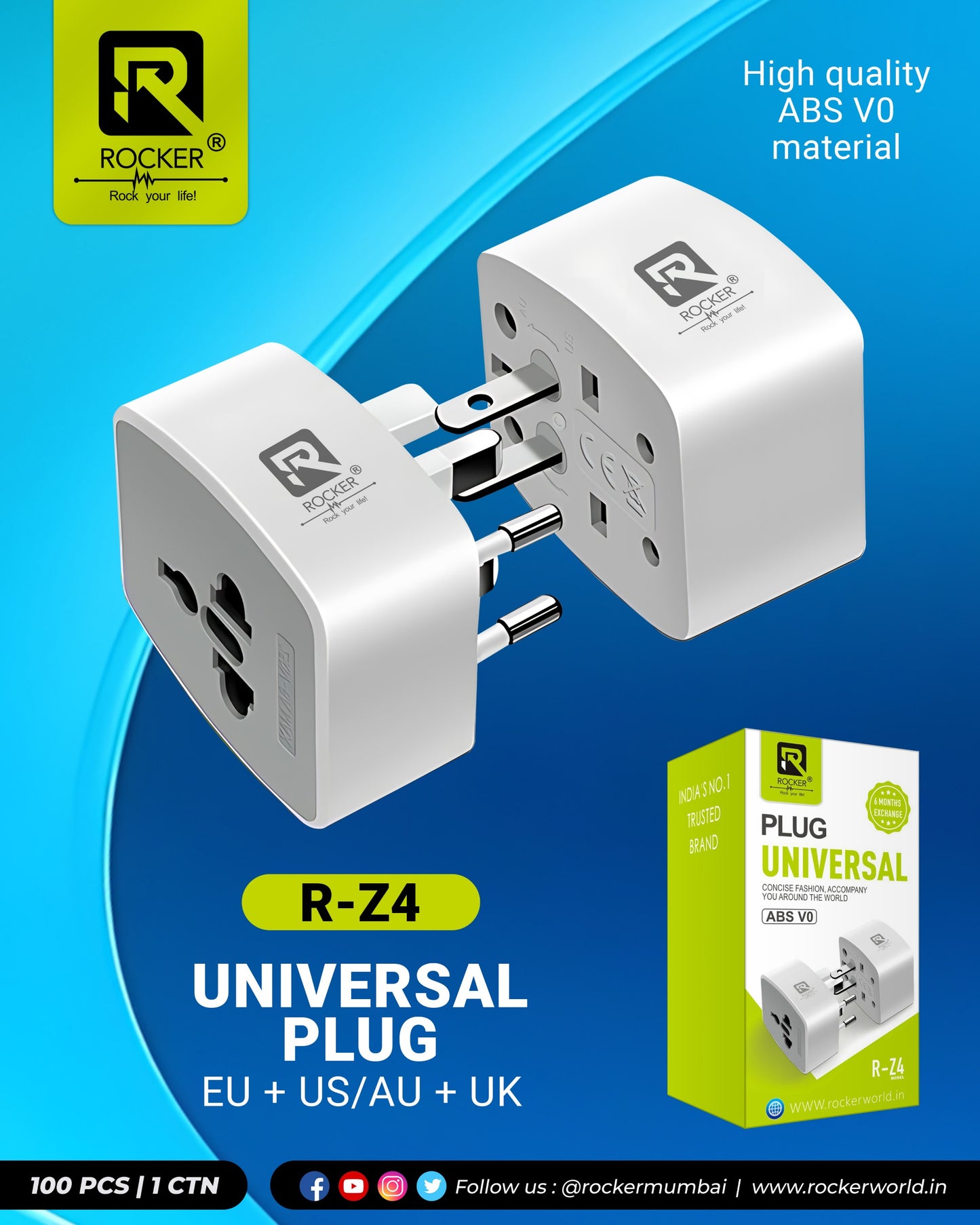 Rocker R-Z4 Universal Travel Adapter, All-in-One Plug for 224+ Countries, Compact & Lightweight, ABS VO Certified, Compatible with Mobile, Laptop, Tablet, Camera