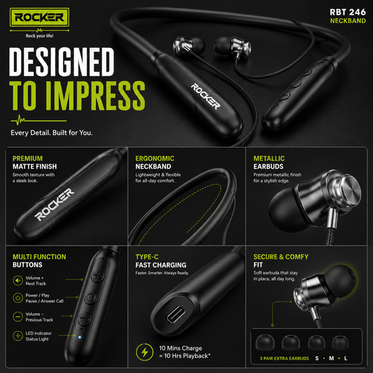 Rocker RBT 246 Bluetooth 5.3 Neckband | 100H Music Time