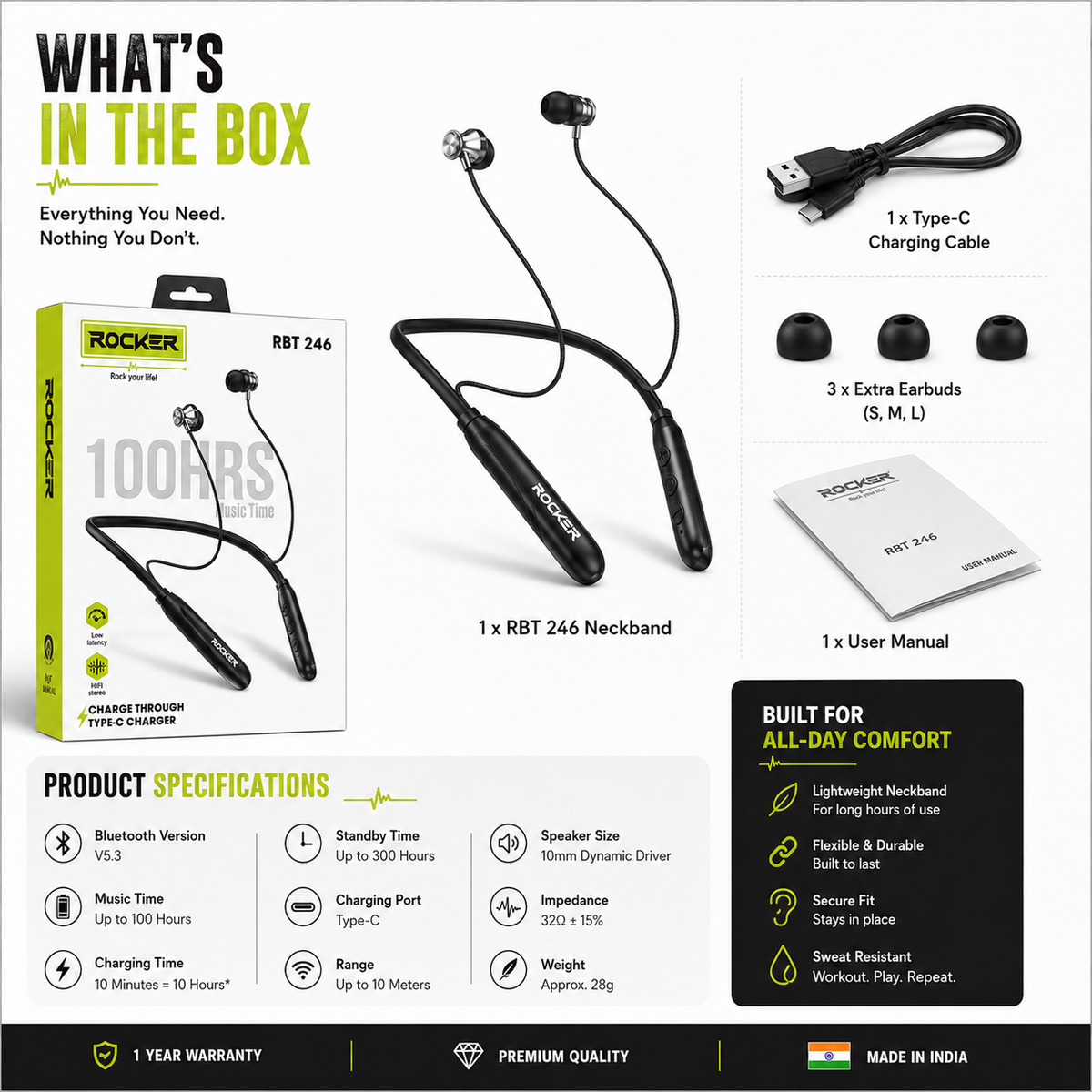 Rocker RBT 246 Bluetooth 5.3 Neckband | 100H Music Time