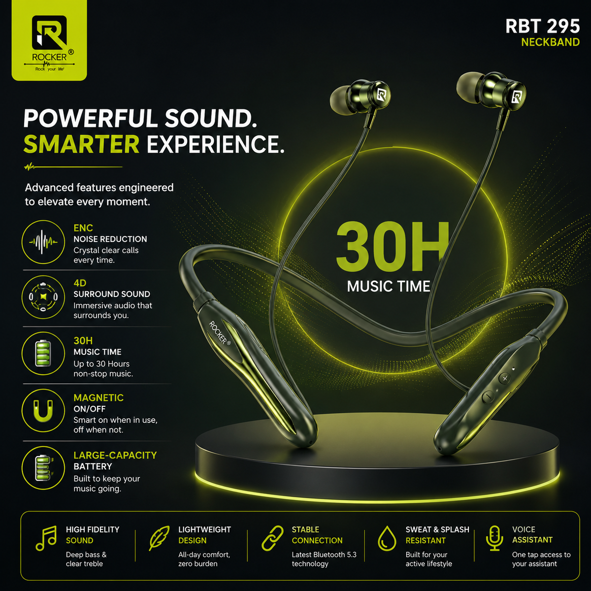Rocker RBT 295 Bluetooth Neckband | ENC | 30H Playtime