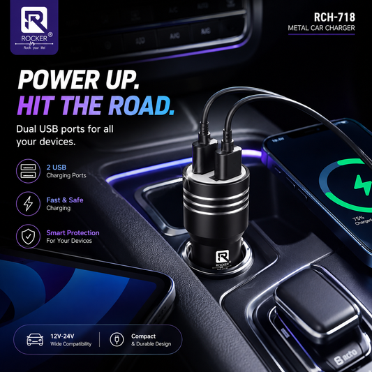 Rocker RCH-718 Dual USB Fast Car Charger | Metal Car Charger