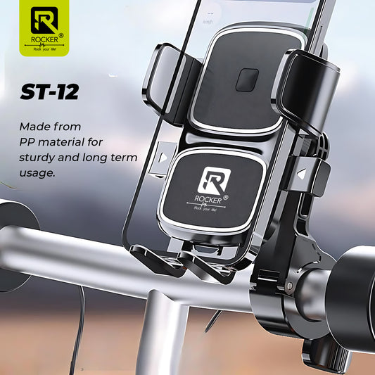 Rocker ST-12 Universal Bike Phone Mount - 360° Adjustable, Anti-Slip Silicone Grip, One-Press Lock for Smartphones
