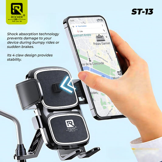 Rocker ST-13 Bike Phone Mount - 360° Rotatable, Anti-Slip Silicone Grip, One-Press Lock for Secure Rides