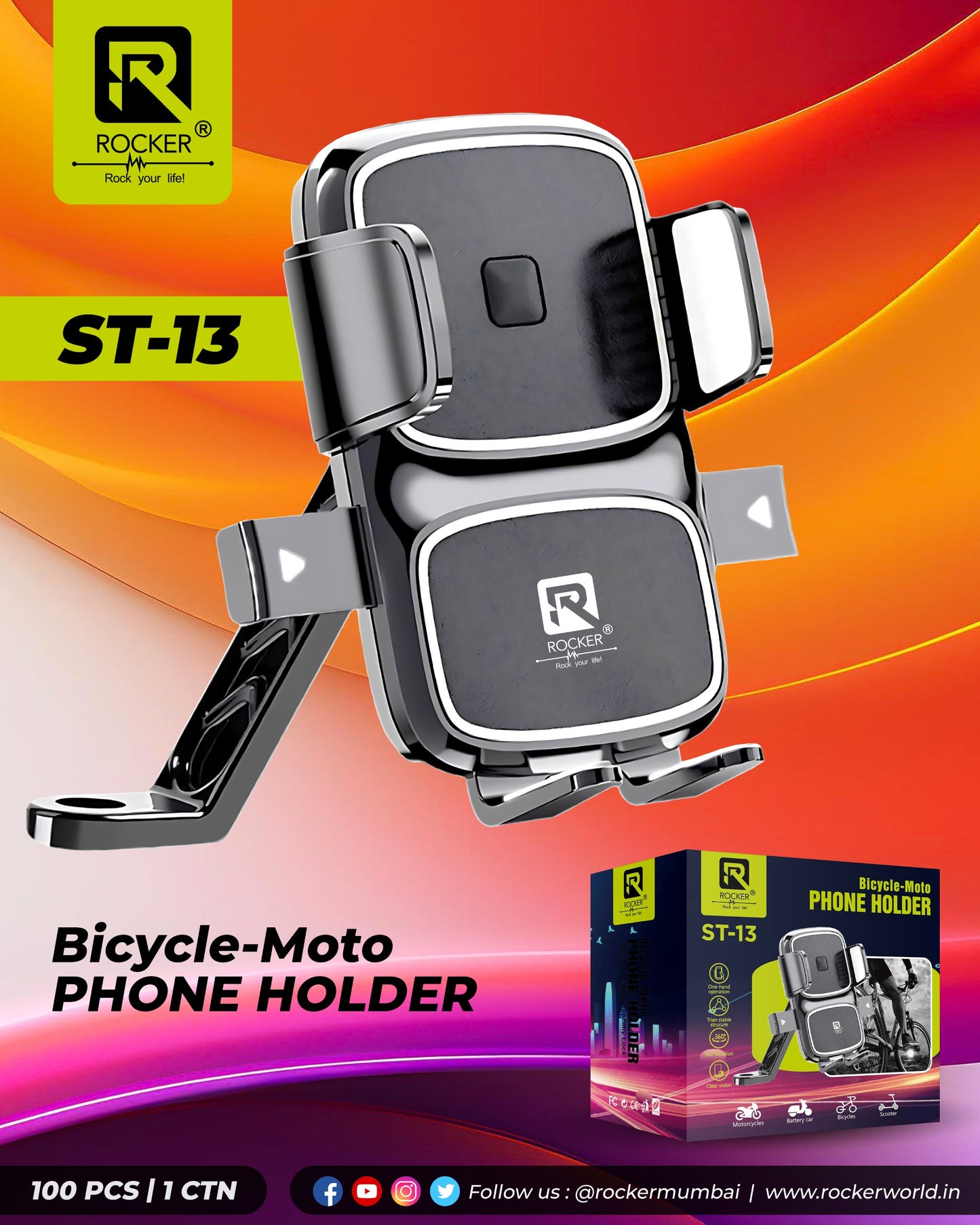 Rocker ST-13 Bike Phone Mount - 360° Rotatable, Anti-Slip Silicone Grip, One-Press Lock for Secure Rides
