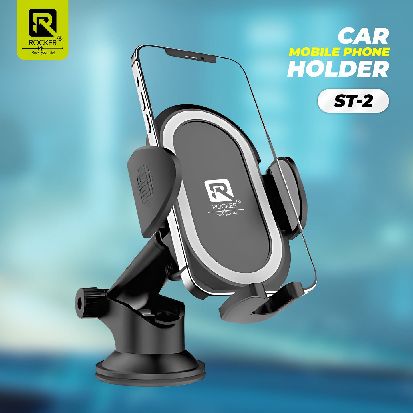 Rocker ST-2 Car Mobile Holder Stand | 360° Rotation, Strong Suction, Shockproof & Single-Hand Operation