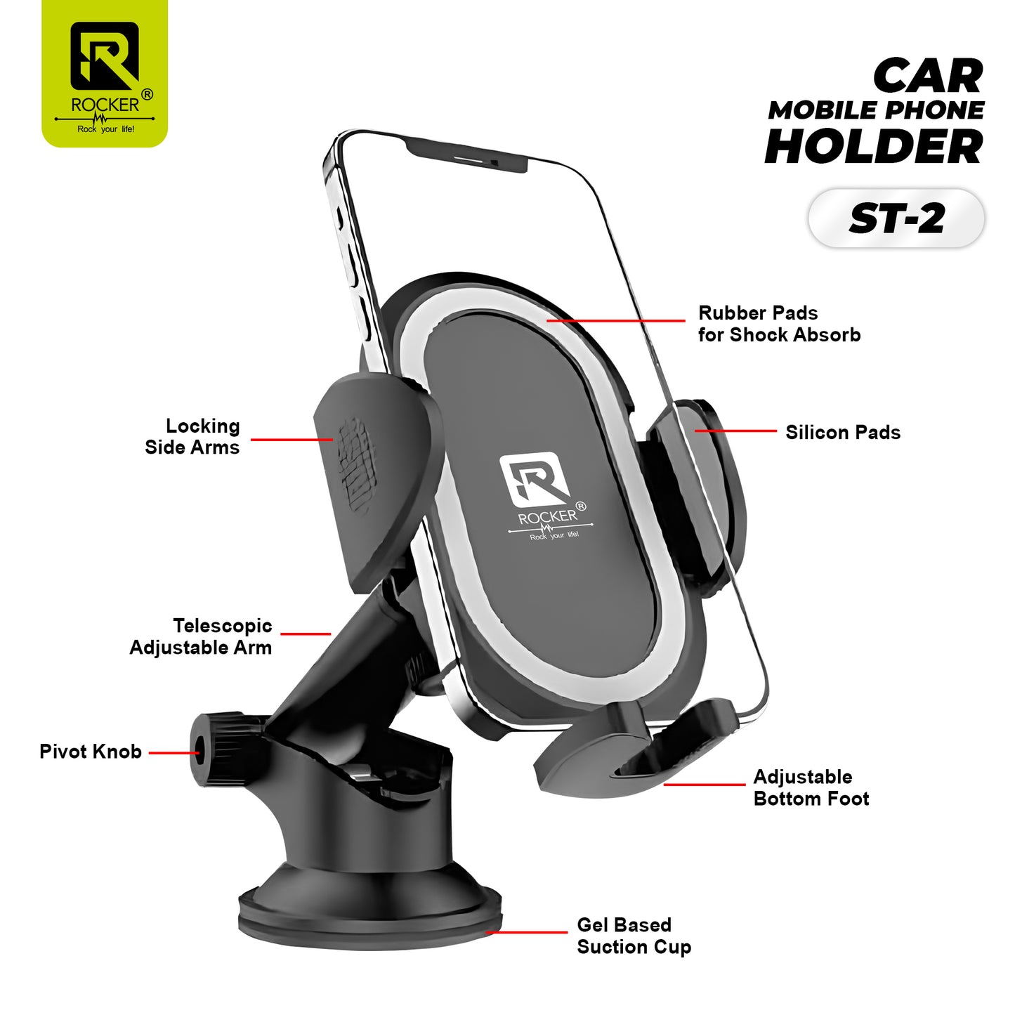 Rocker ST-2 Car Mobile Holder Stand | 360° Rotation, Strong Suction, Shockproof & Single-Hand Operation