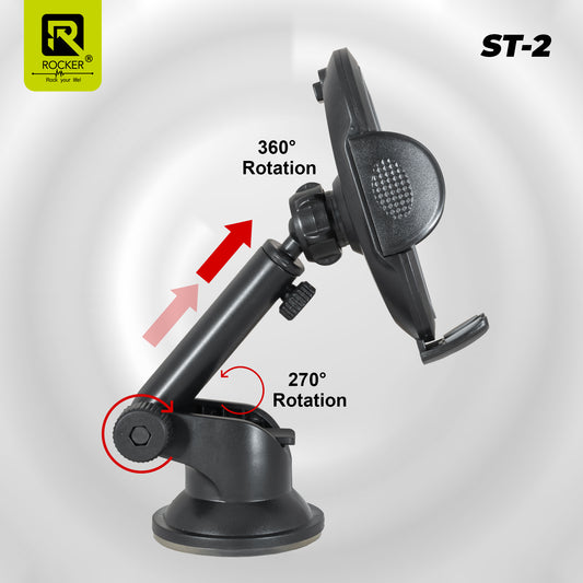Rocker ST-2 Car Mobile Holder Stand | 360° Rotation, Strong Suction, Shockproof & Single-Hand Operation
