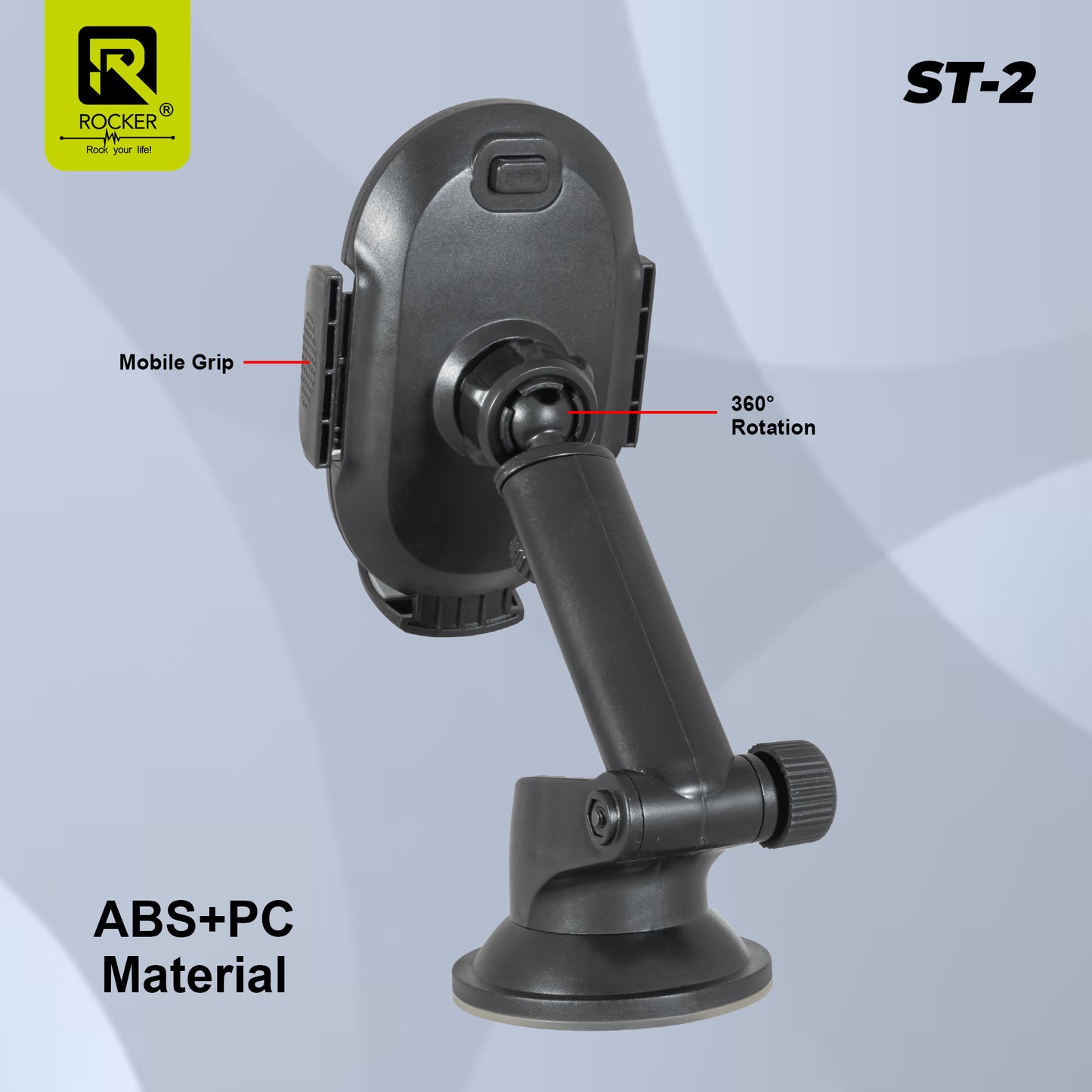 Rocker ST-2 Car Mobile Holder Stand | 360° Rotation, Strong Suction, Shockproof & Single-Hand Operation
