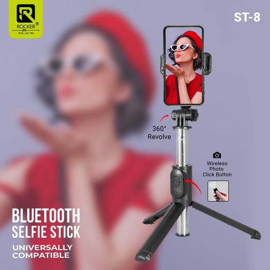 Rocker ST-8 Bluetooth Selfie Stick with Tripod & Wireless Remote – Extendable, Foldable & 360° Rotatable for Smartphones