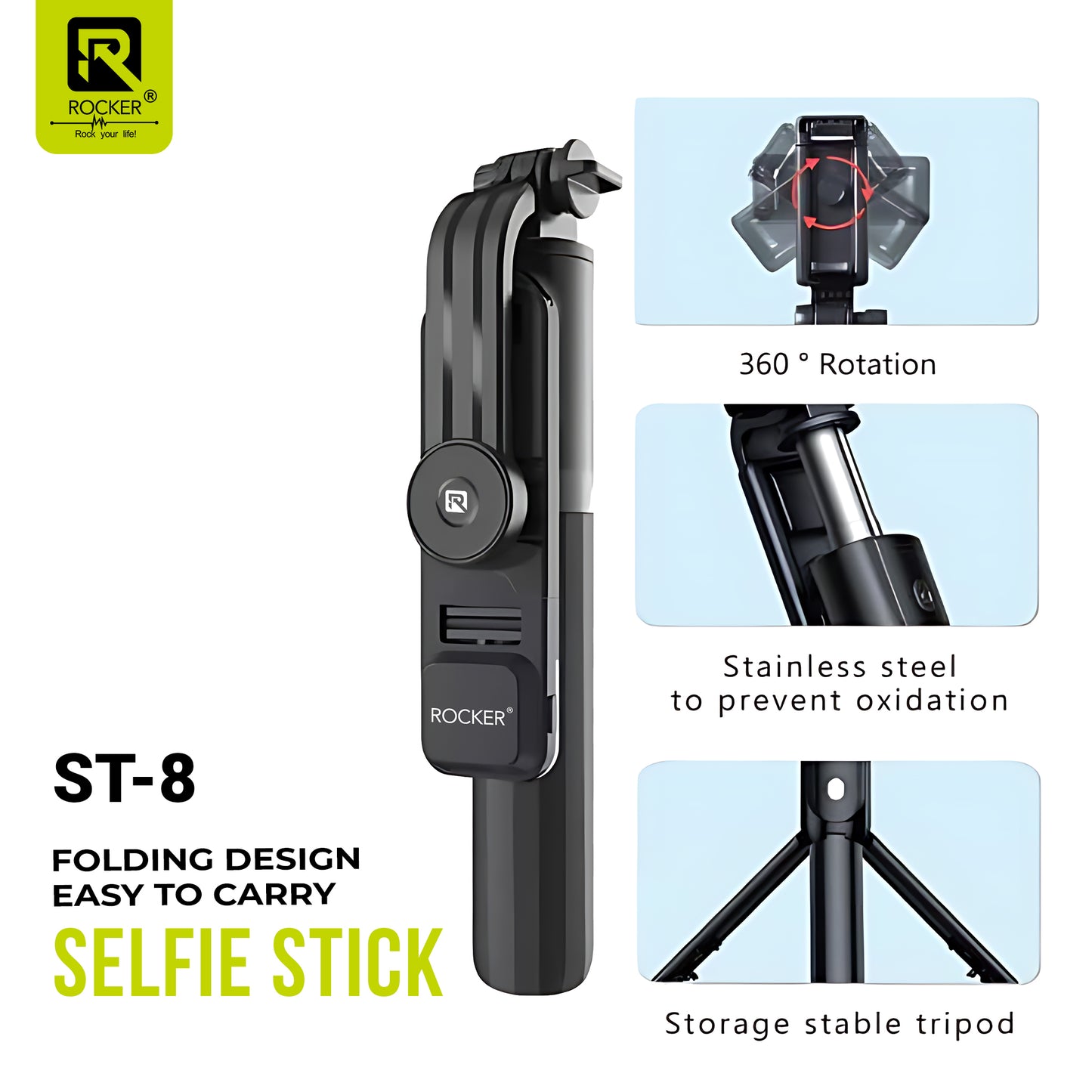 Rocker ST-8 Bluetooth Selfie Stick with Tripod & Wireless Remote – Extendable, Foldable & 360° Rotatable for Smartphones