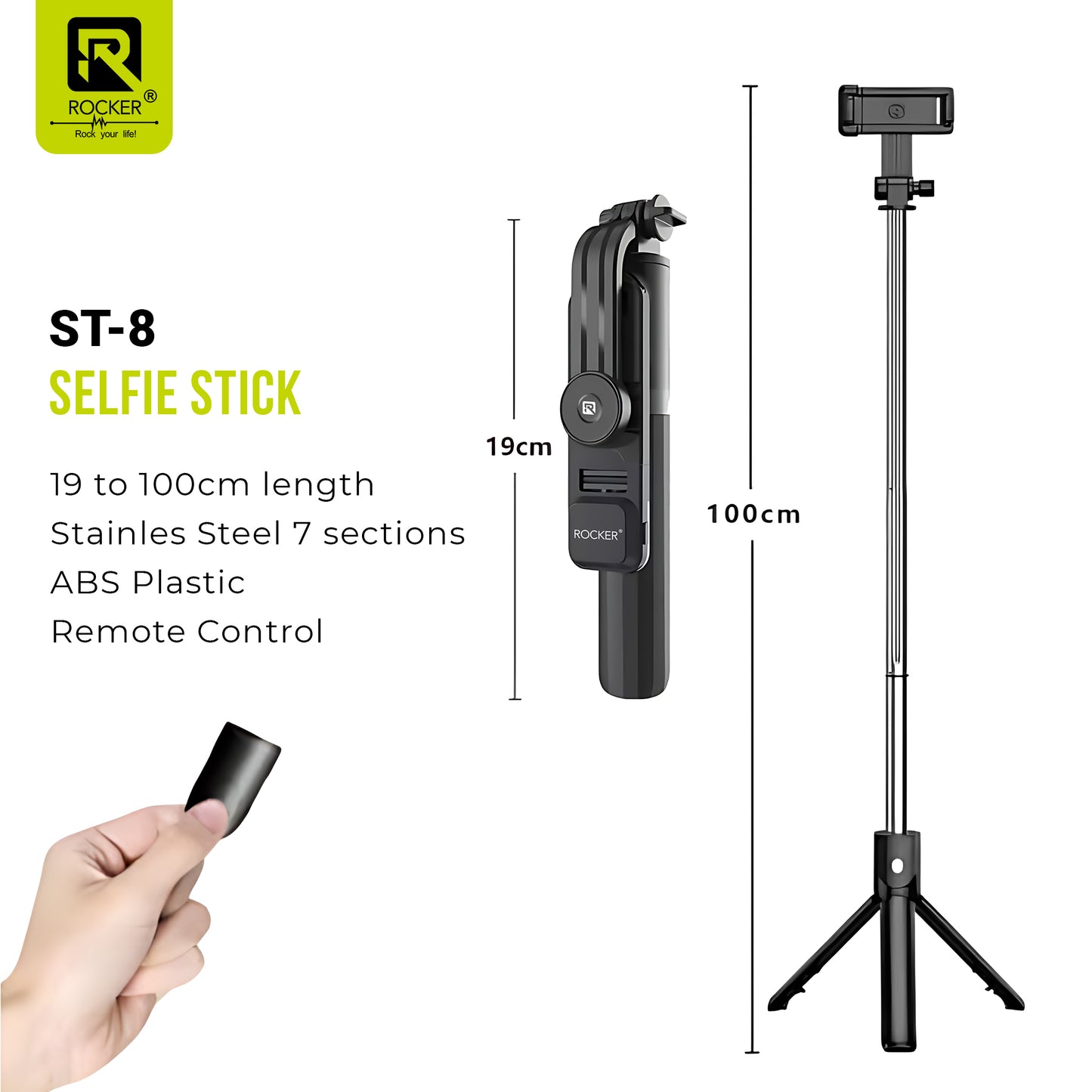 Rocker ST-8 Bluetooth Selfie Stick with Tripod & Wireless Remote – Extendable, Foldable & 360° Rotatable for Smartphones