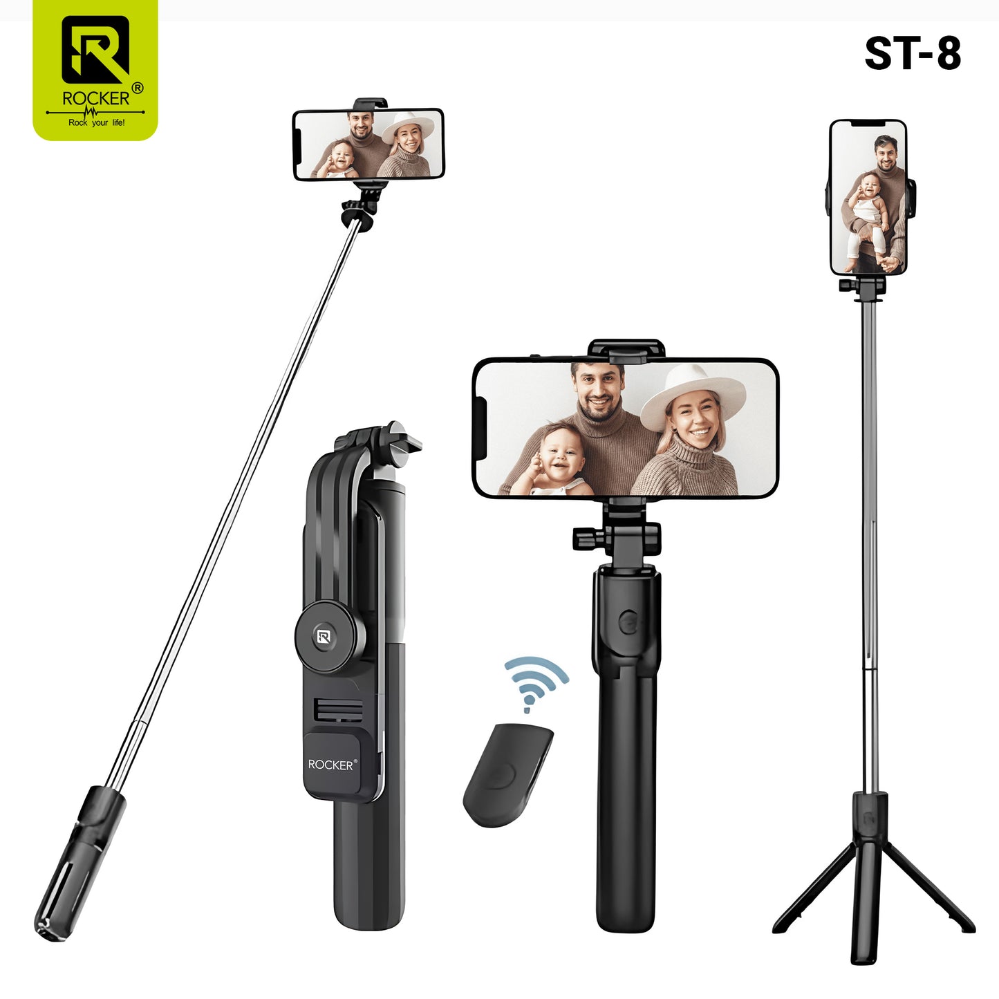 Rocker ST-8 Bluetooth Selfie Stick with Tripod & Wireless Remote – Extendable, Foldable & 360° Rotatable for Smartphones