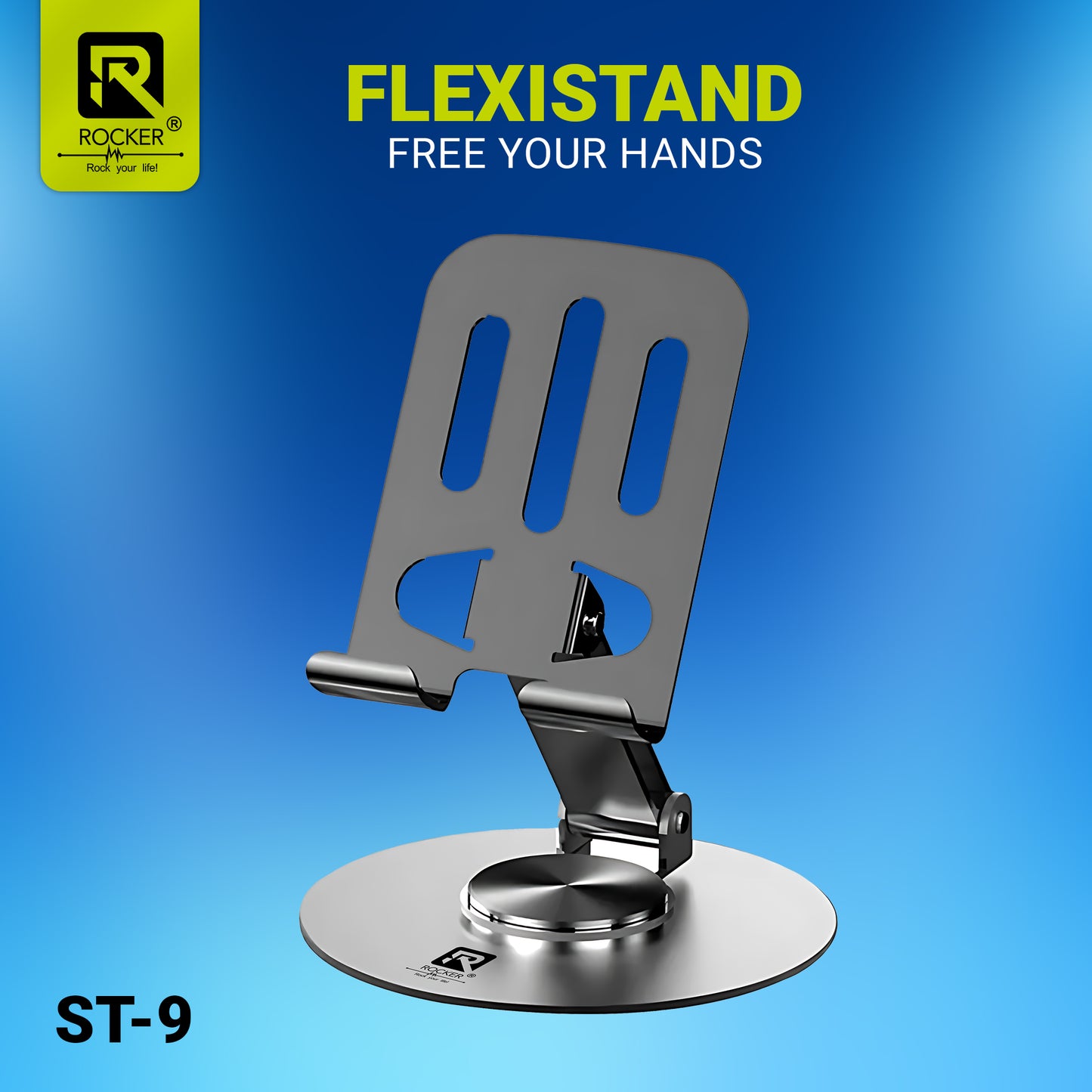 Rocker ST-9 Aluminum Mobile & Tablet Stand – Foldable, 360° Rotatable, Height Adjustable with Stable Metal Base