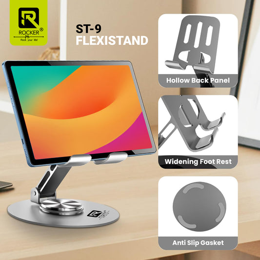 Rocker ST-9 Aluminum Mobile & Tablet Stand – Foldable, 360° Rotatable, Height Adjustable with Stable Metal Base