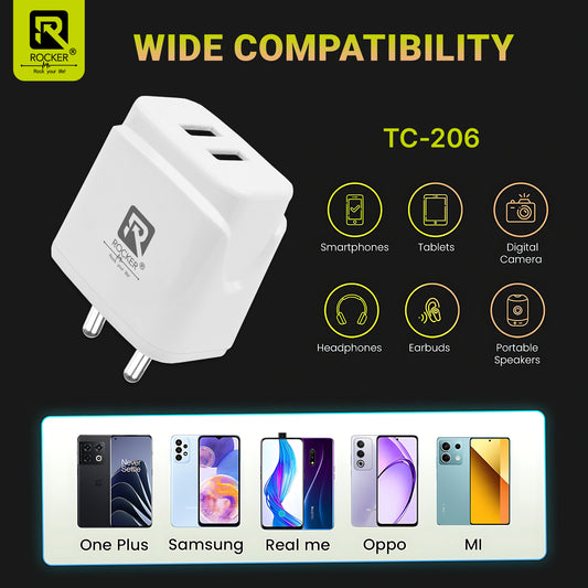 Buy ROCKER R-206 12W Dual USB Fast Charger with Micro USB Cable | Safe & Compact Wall Charger for Smartphones, Tablets, and More