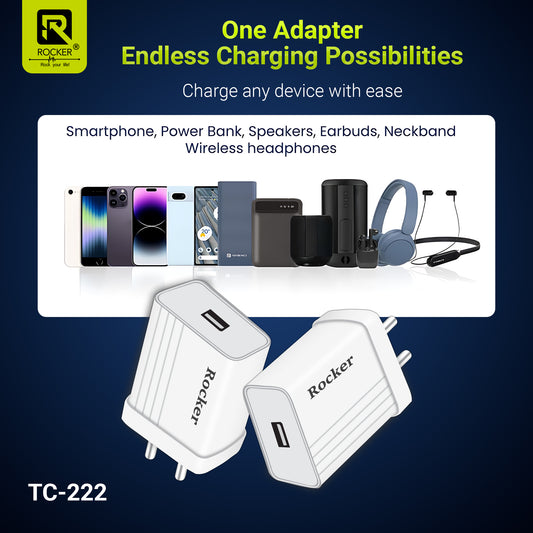 Rocker TC-222 12W Dual USB Wall Charger – Fast Charging Adapter with Free 1M USB-A to Type-C & Micro USB Cable | Compatible with Smartphones, Tablets, & More – Made in India