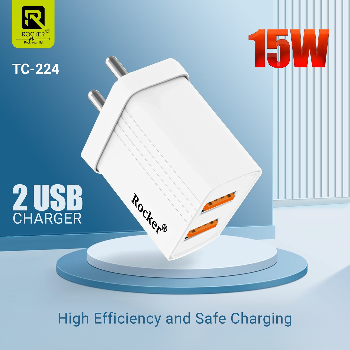 Rocker TC-224 15W Dual USB Wall Charger with Free 1M USB-A to Type-C & Micro USB Cable | Fast Charging for Smartphones & Tablets | Safe & Universal Compatibility | Made in India
