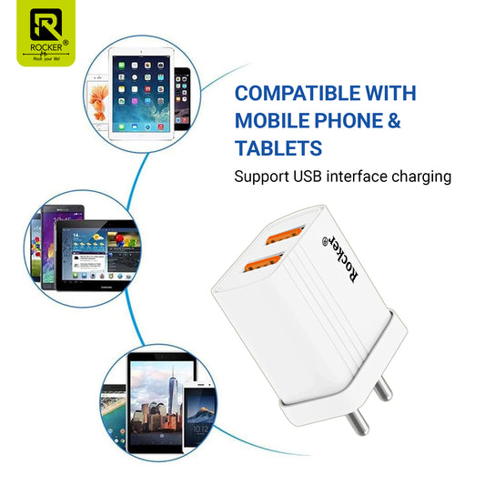 Rocker TC-224 15W Dual USB Wall Charger with Free 1M USB-A to Type-C & Micro USB Cable | Fast Charging for Smartphones & Tablets | Safe & Universal Compatibility | Made in India