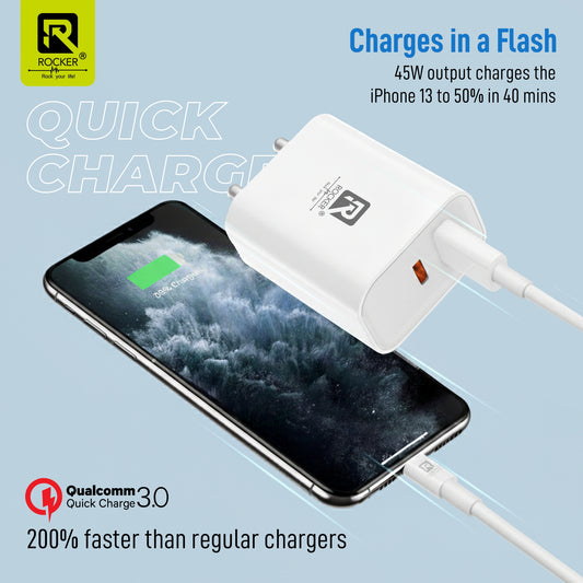 ROCKER RTC-A1 45W Dual Port Fast Charging Adapter | PD USB-C + QC3.0 USB-A, Compact Travel Charger with Smart Protection