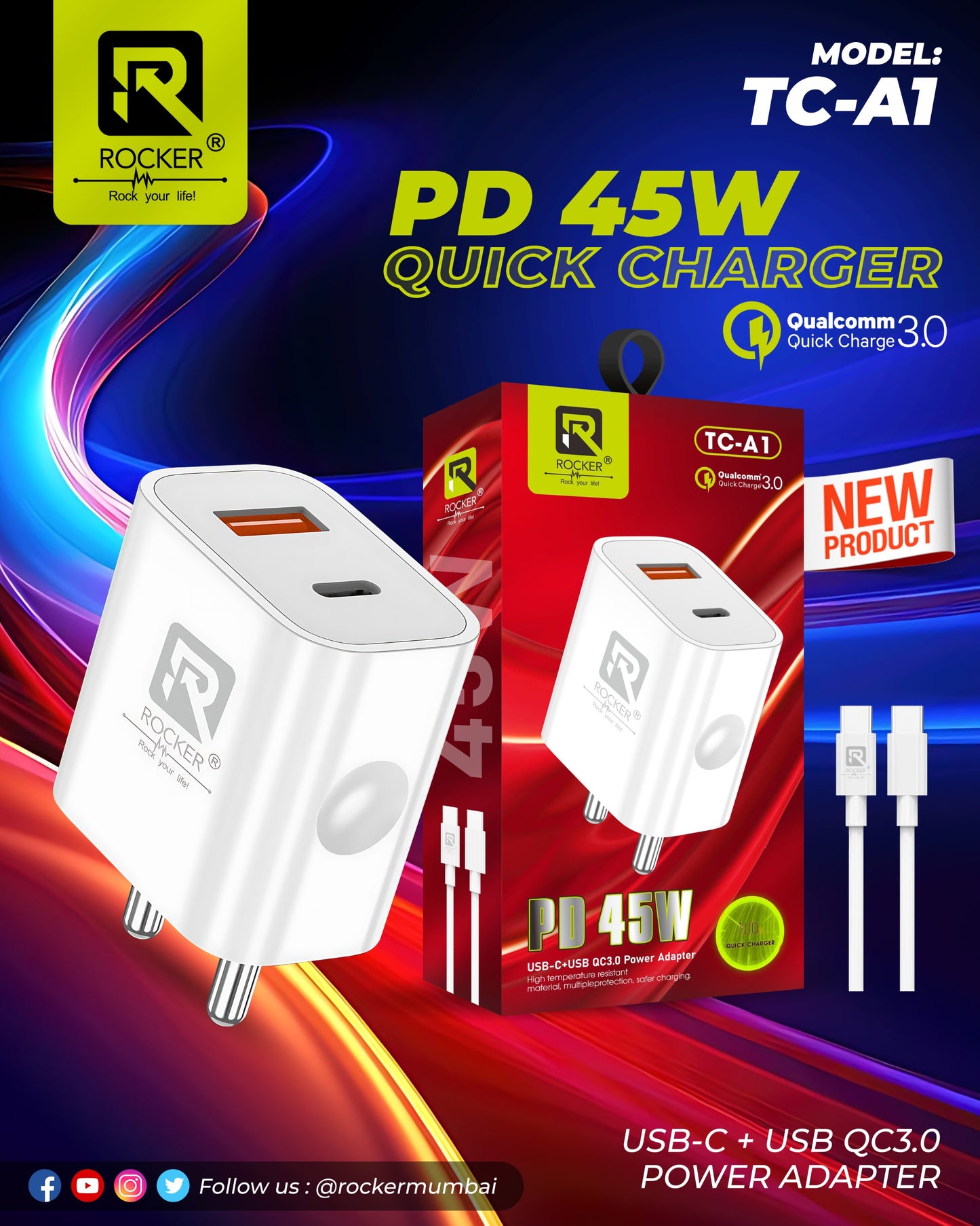 Rocker TC-A1 Charger, PD 45W  Quick Charger, USB-C + USB QC3.0 Power Adapter