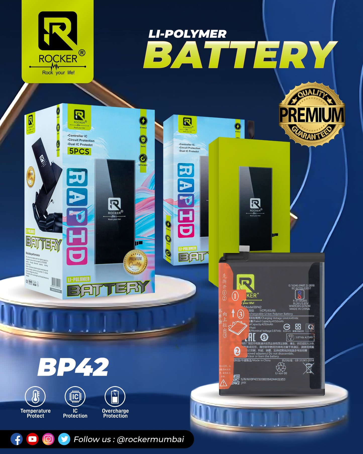 Rocker BP42 Battery, Li-Polymer Battery, Overcharge protection