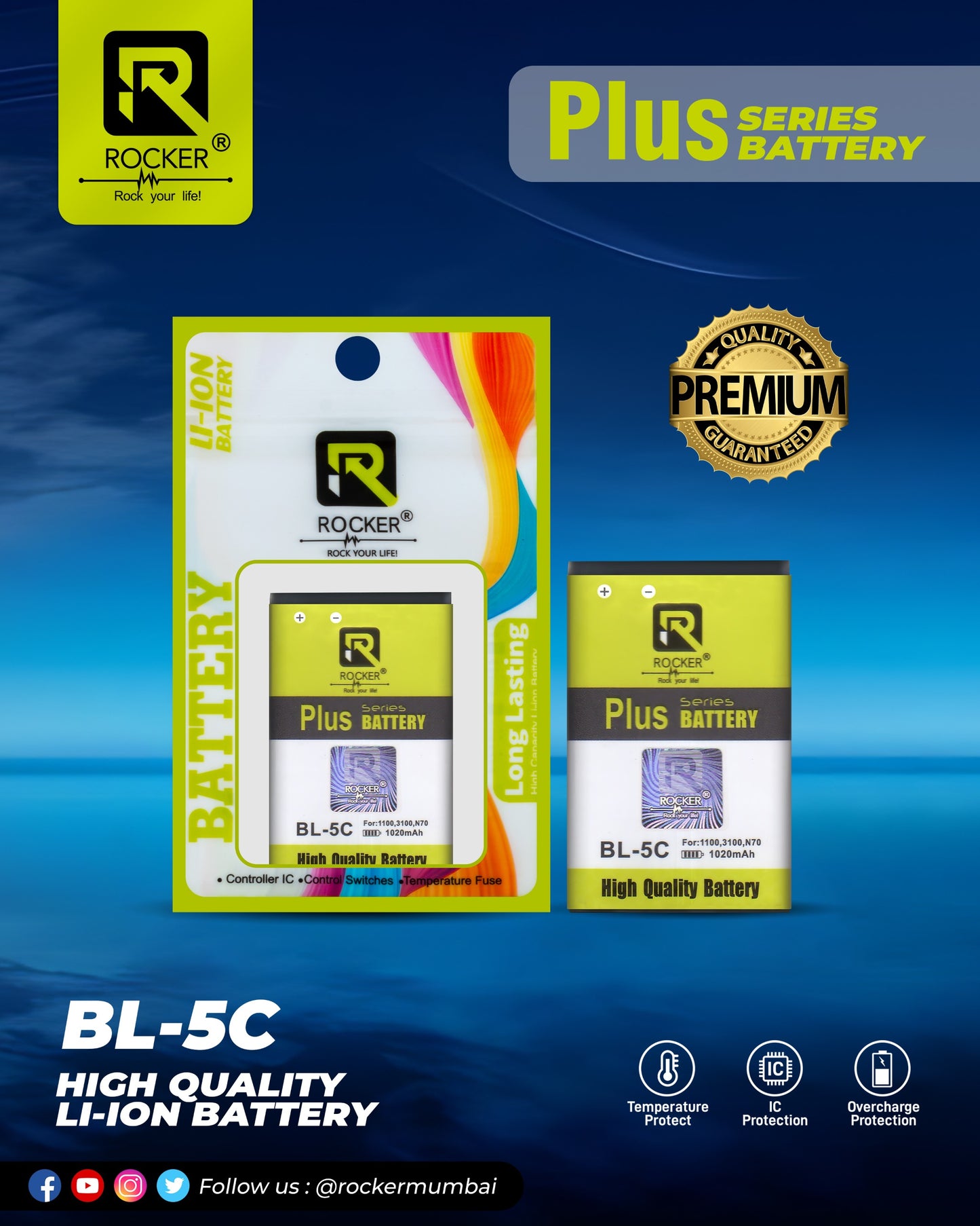 Rocker BL-5C Plus Series Battery, Li-ion Battery, Overcharge protection