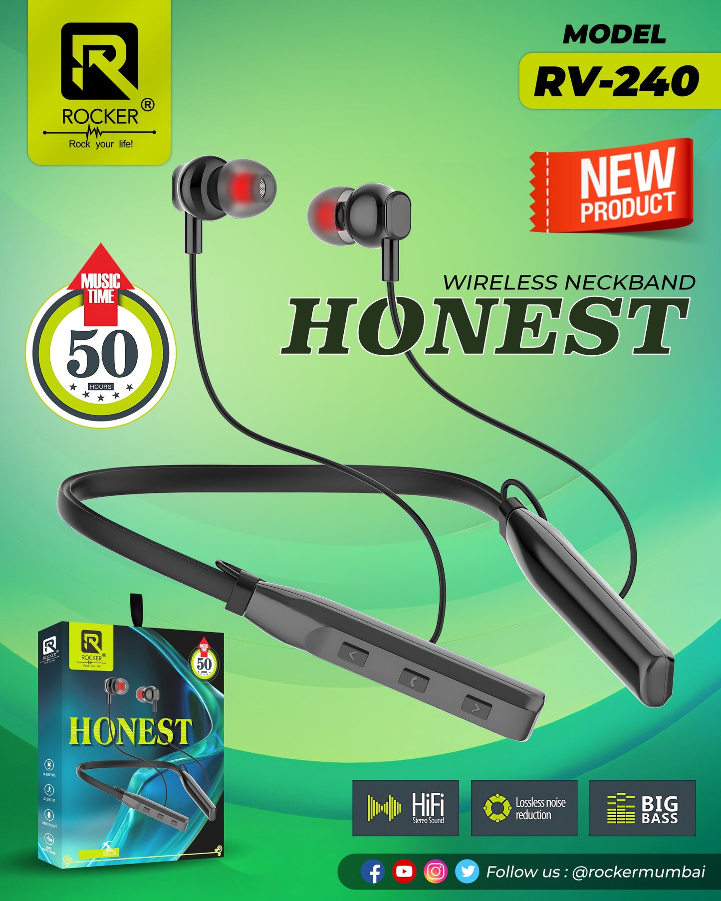 Rocker RV-240 Wireless neckband Honest, 50 Hour Music Time