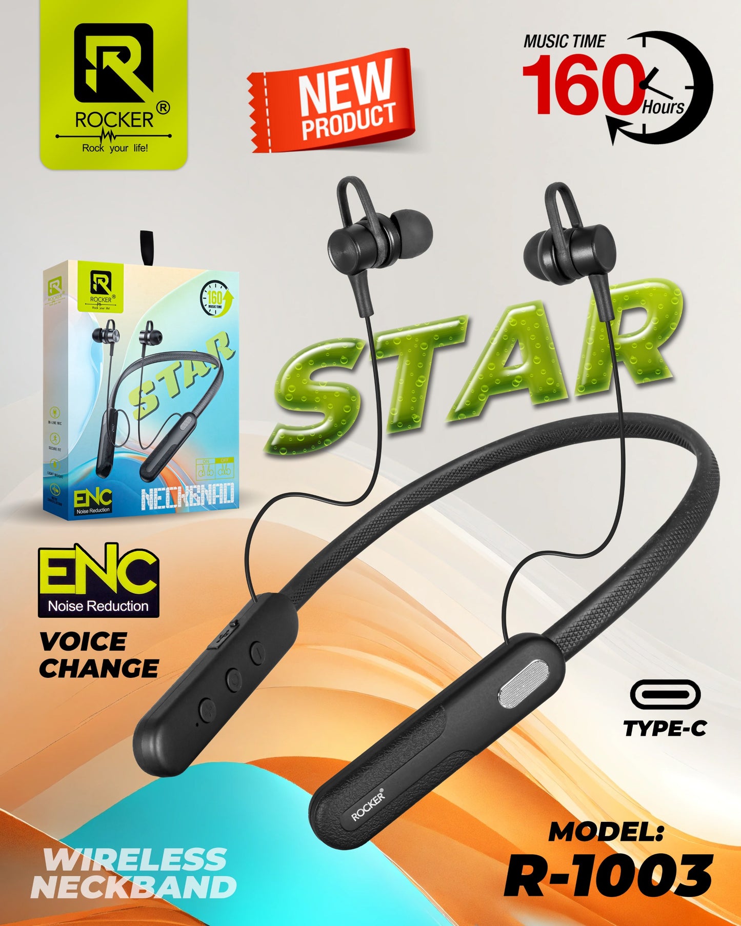 Rocker R-1003 Star Wireless neckband , 160 Hour Music Time , C-Type