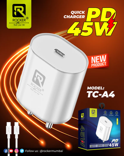 Rocker TC-A4 Adapter, 45W  Quick Charger, USB-C to USB-C Power Adapter