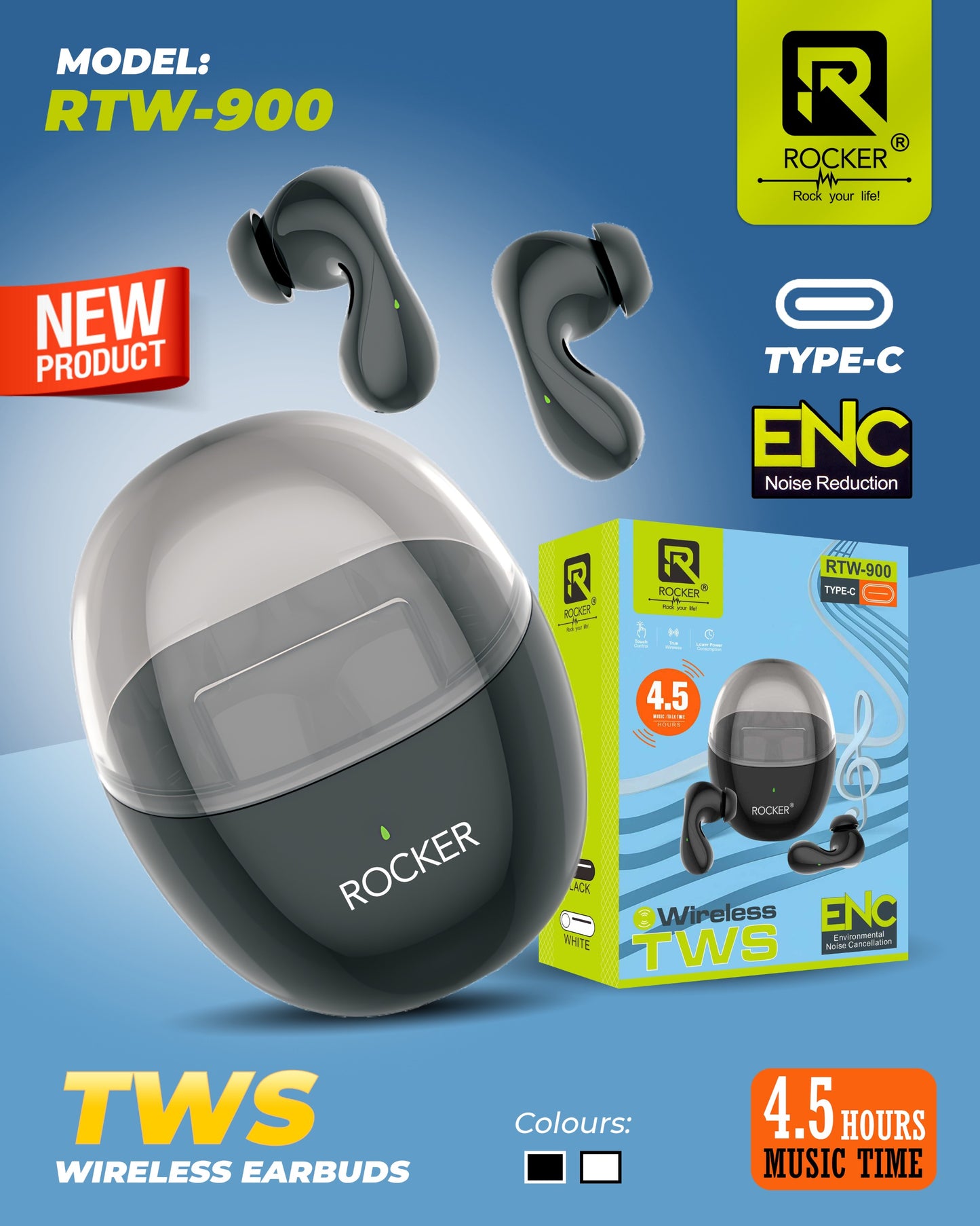 Rocker RTW-900, TWS WIRELESS EARBUDS ,Type-C