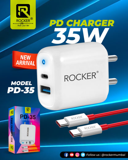 Rocker PD-35 Adapter, 35W  Fast Charger, USB-C + USB A Power Adapter