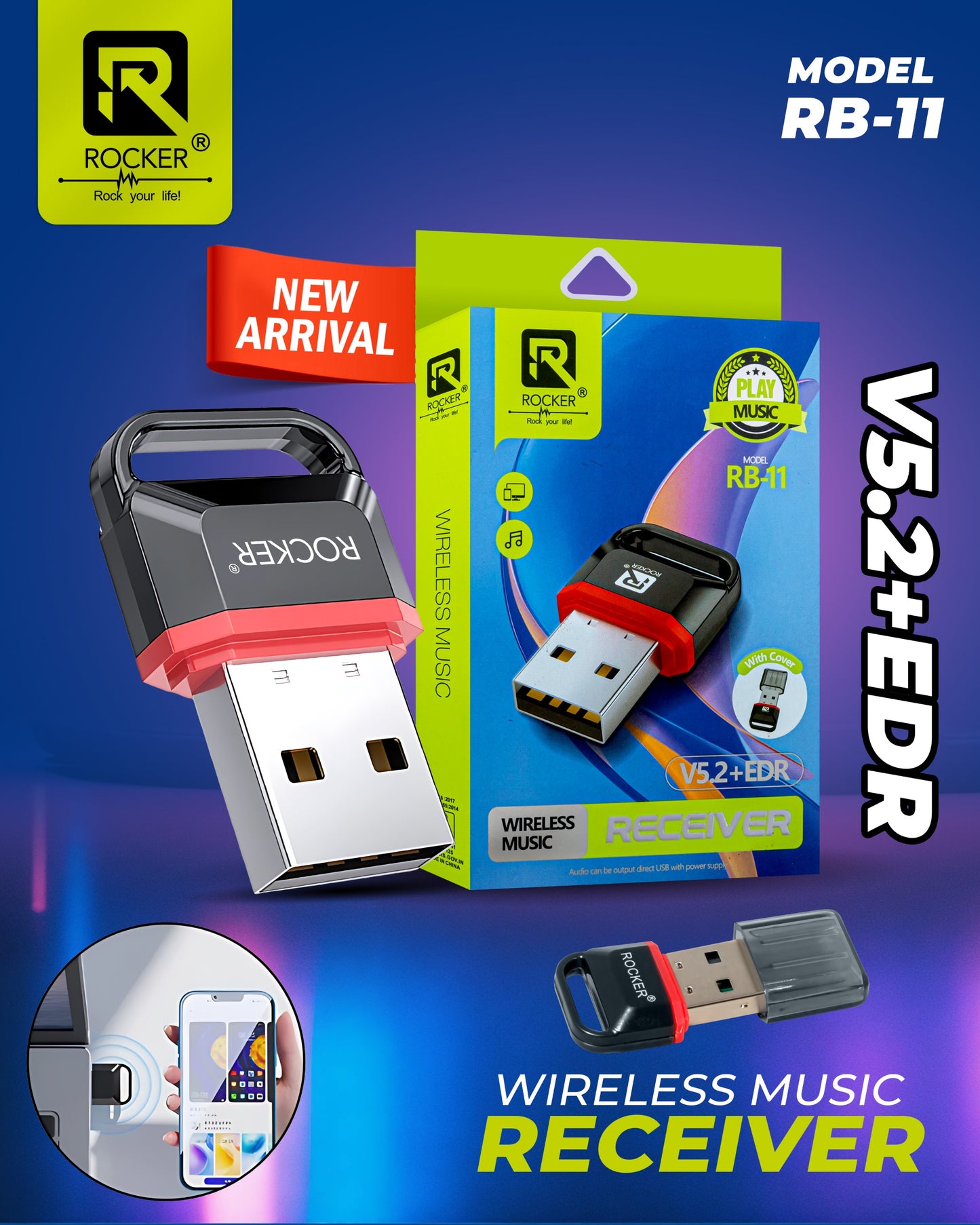 Rocker RB-11 , Wireless Music Receiver , V5.2+EDR