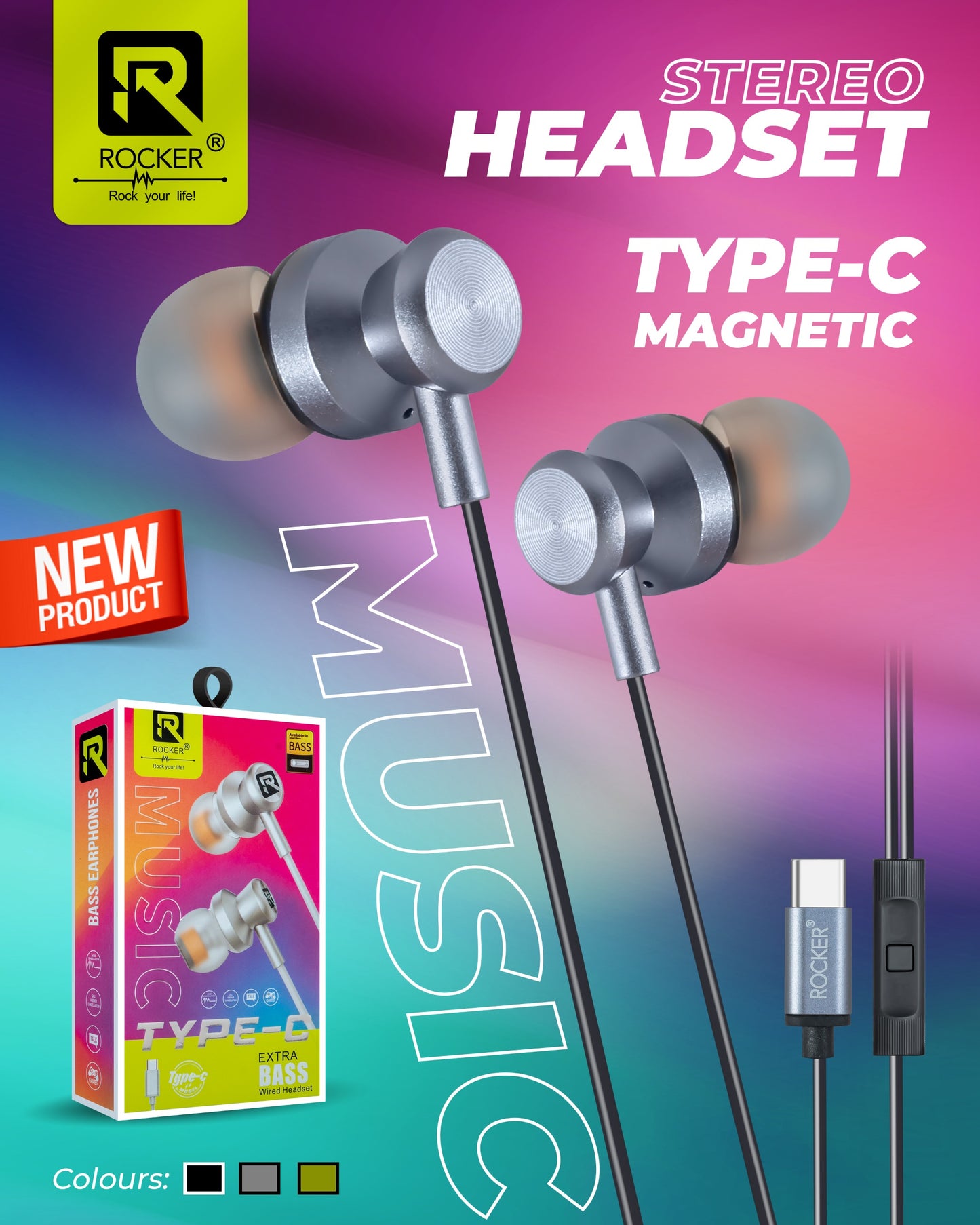 Rocker STEREO Headset , Type -C Magnetic , Bass Earphone