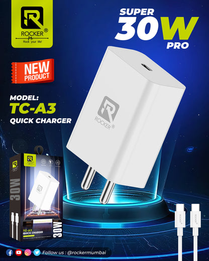 Rocker TC-A3 Adapter, 30W  Quick Charge, USB-C to USB-C Power Adapter