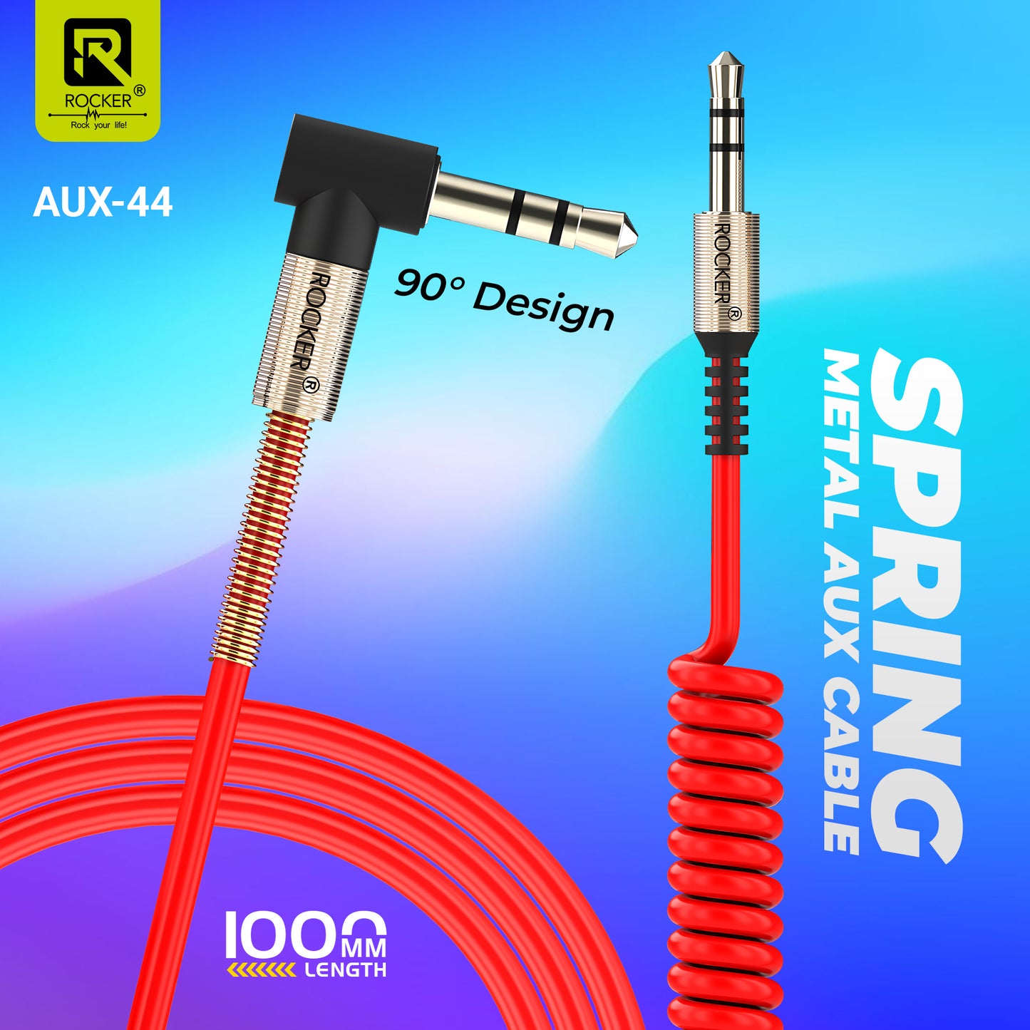 ROCKER AUX-44 | 3.5mm Audio Cable with 90° Right Angle | Durable Metal Spring Design | High-Fidelity Sound for Car, Speakers, Headphones & More