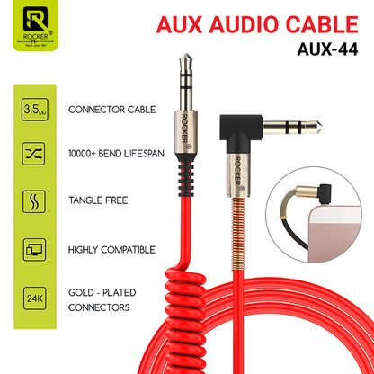 ROCKER AUX-44 | 3.5mm Audio Cable with 90° Right Angle | Durable Metal Spring Design | High-Fidelity Sound for Car, Speakers, Headphones & More