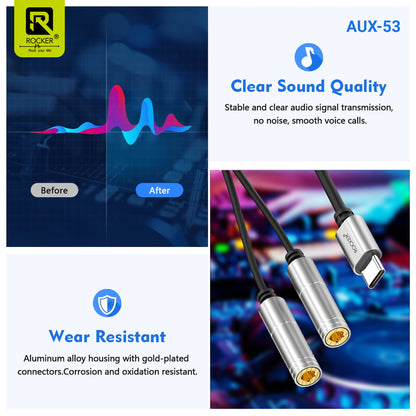 Rocker AUX-52/53 Dual Audio Headphone Splitter | 3.5mm Female to 1 Male Type-C/3.5mm Adapter | Noise-Free Audio for PS5, Xbox, Laptop &amp | Smartphone